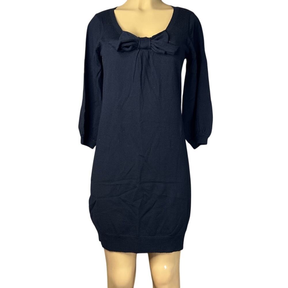 Milly of New York Merino Wool Bow Sweater Dress Crop Sleeve Black Size Medium